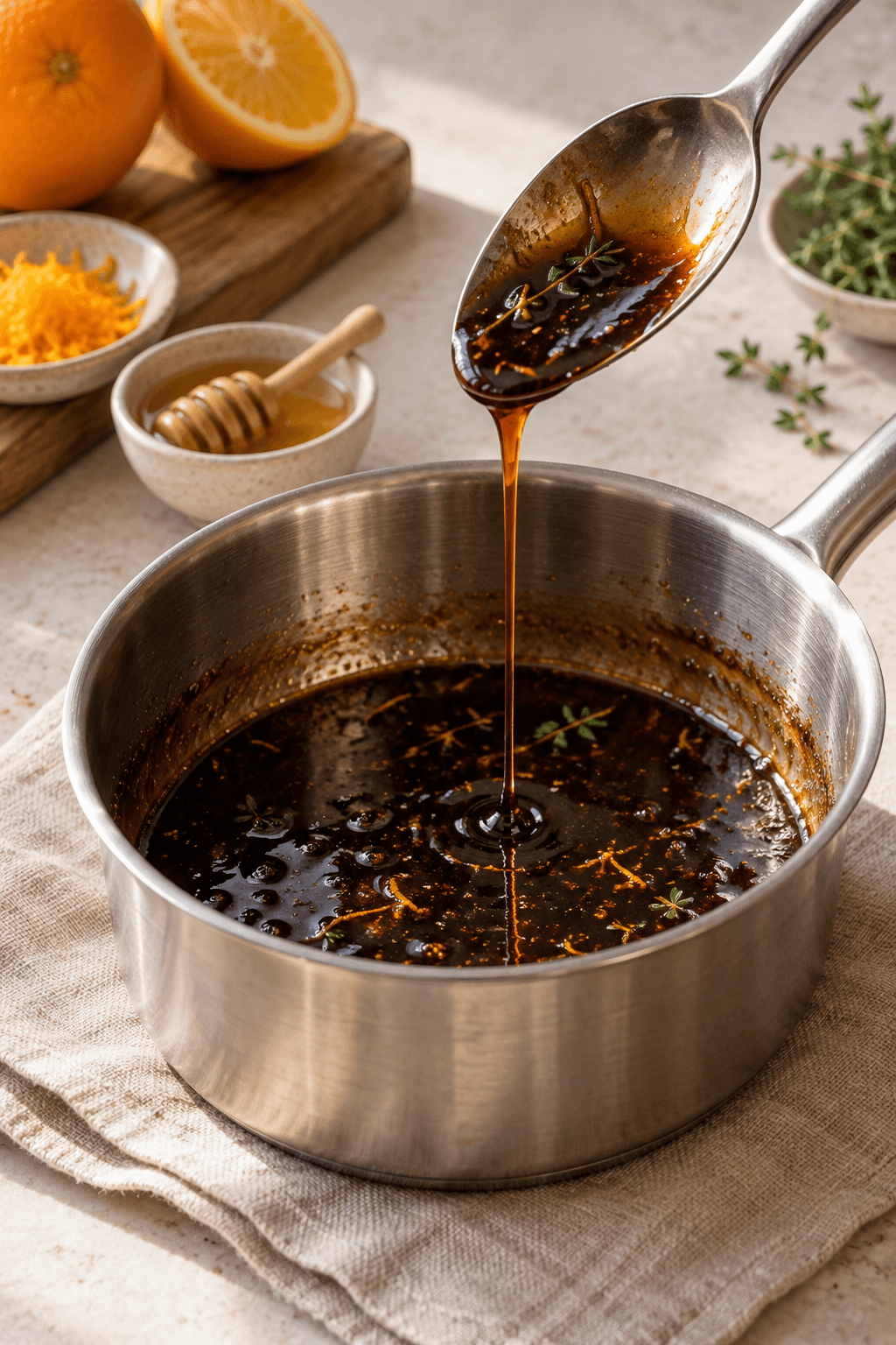 Balsamico, appelsin, honning og timian koges til en blank glasur