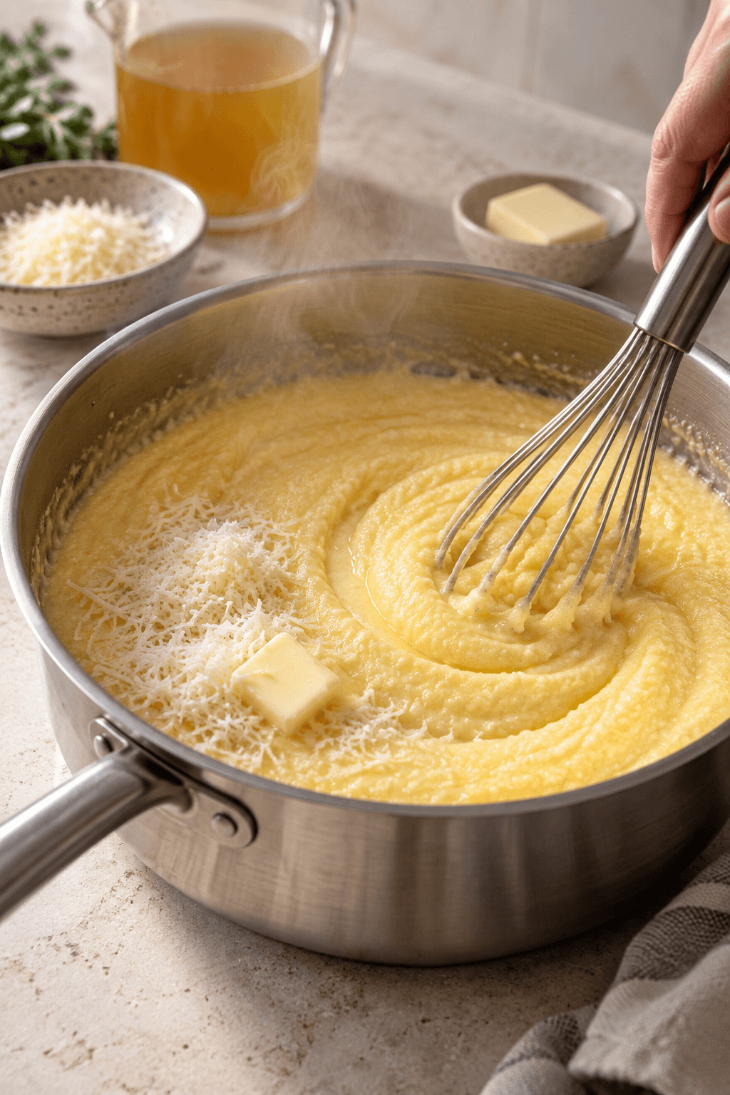 Cremet polenta piskes glat med parmesan og smør