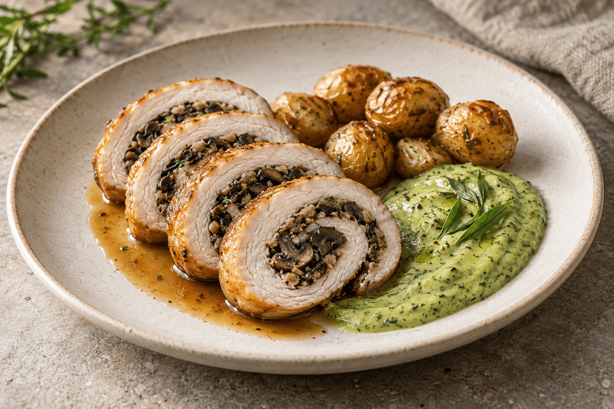 Kalkunbryst med østershatte-rugfyld, grillet courgettesauce og kartofler