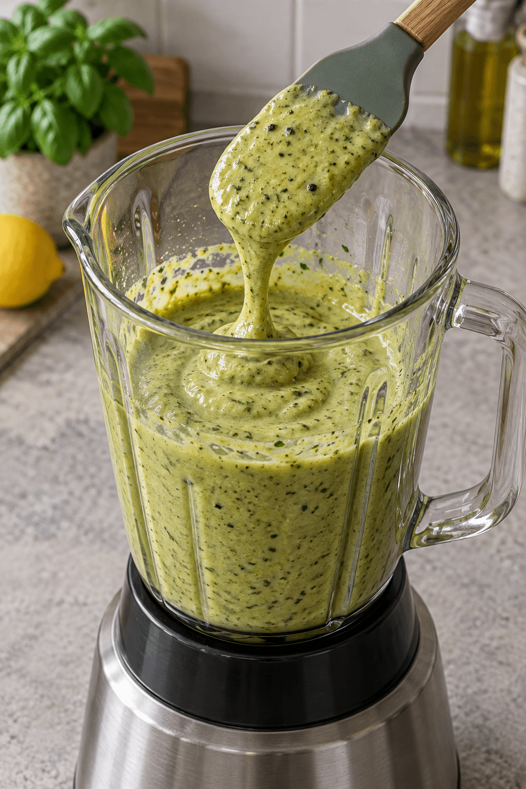 Tyk lysegrøn sauce af grillet courgette, hvide bønner og basilikum i blender