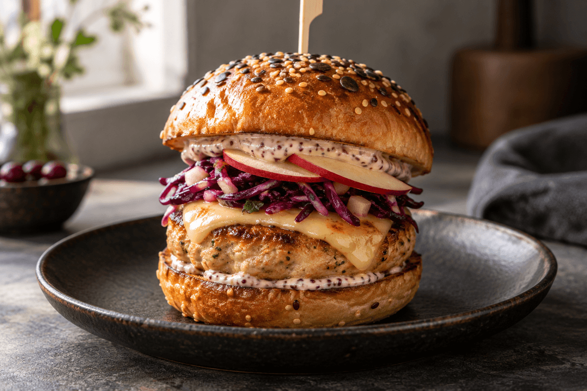 Kalkunburger med æble, salvie, rødkålsslaw, tranebær-dijoncreme og røget ost