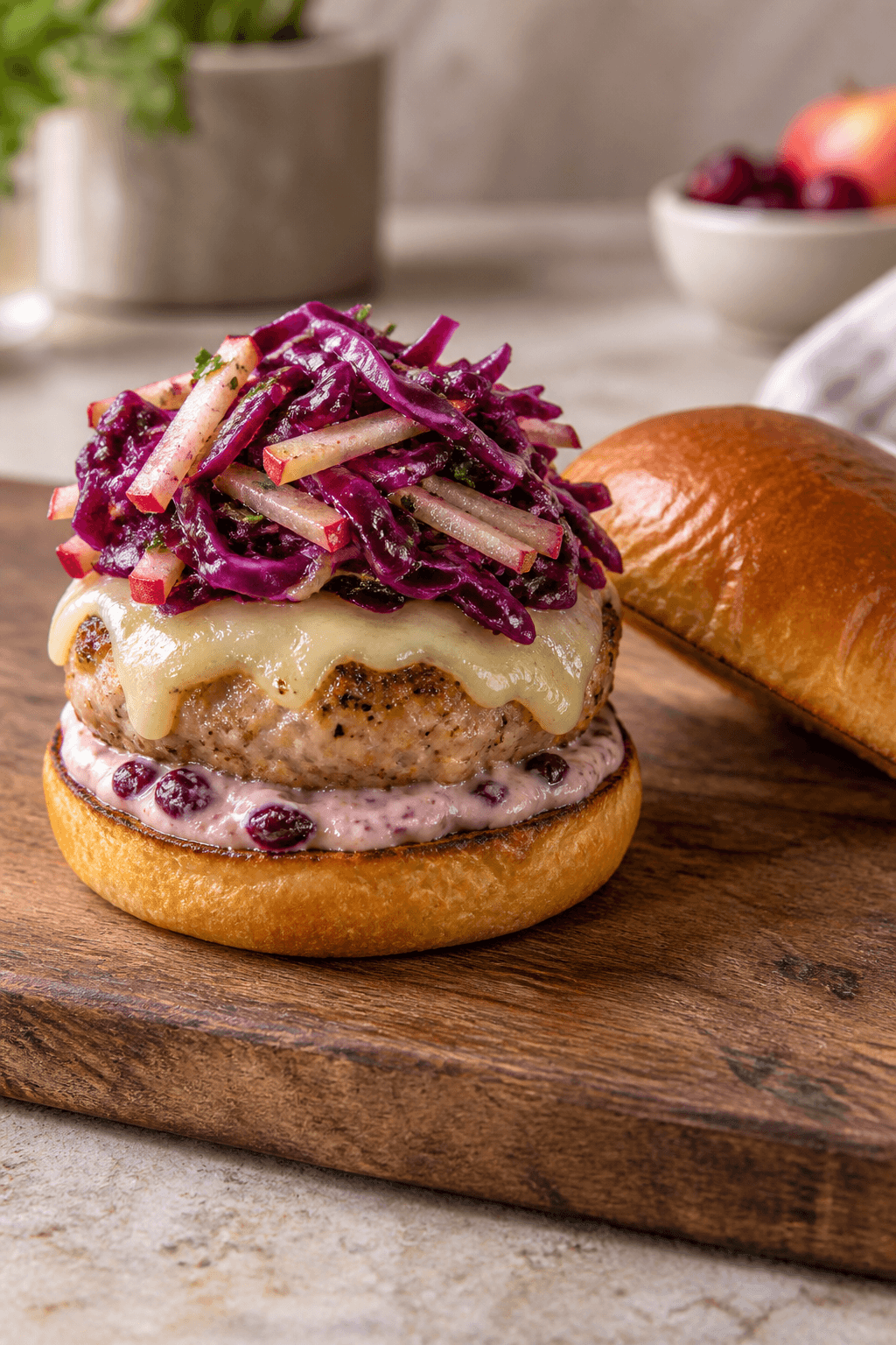 Én kalkunburger bygges med tranebærcreme, ost og rødkålsslaw på ét bræt