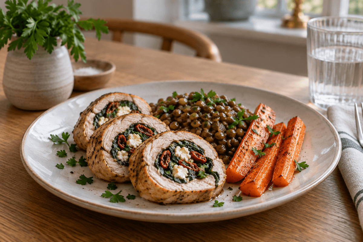 Kalkunroulade med spinat, feta og soltørret tomat, Dijonlinser og gulerødder