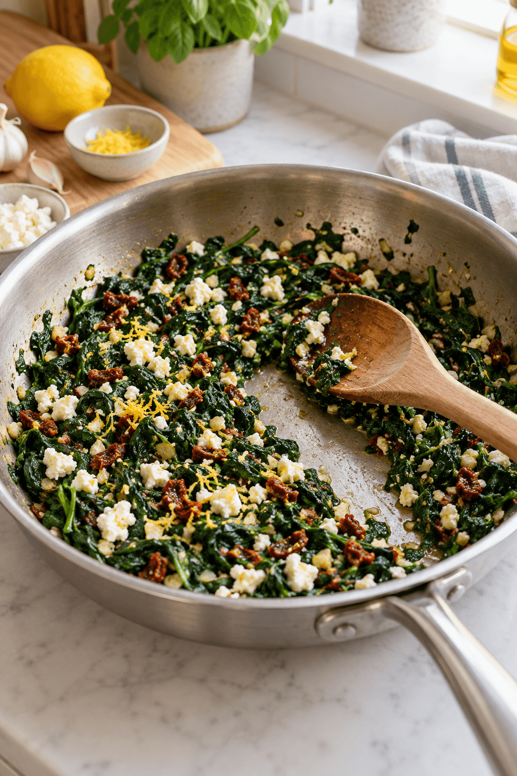 Spinatfyld med feta, soltørret tomat og citronskal i én pande