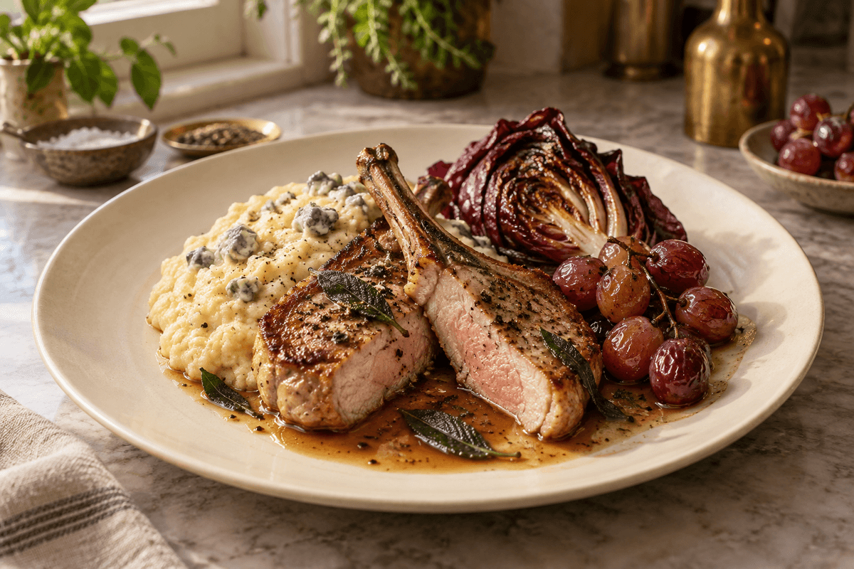 Kalvekoteletter med gorgonzola-polenta, radicchio, balsamicodruer og salviesky