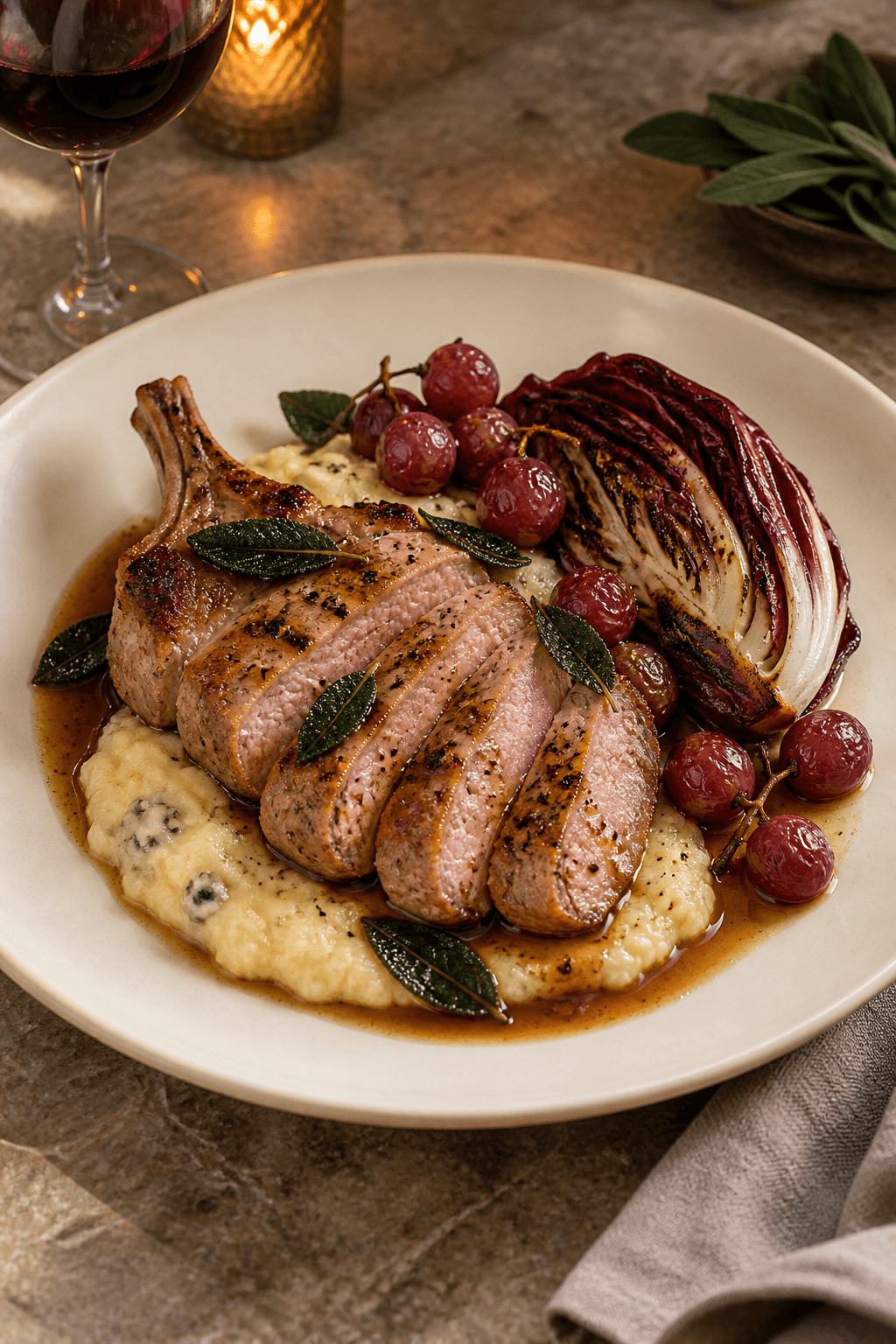 Kalvekotelet med gorgonzola-polenta, radicchio, druer og salviesky på én tallerken