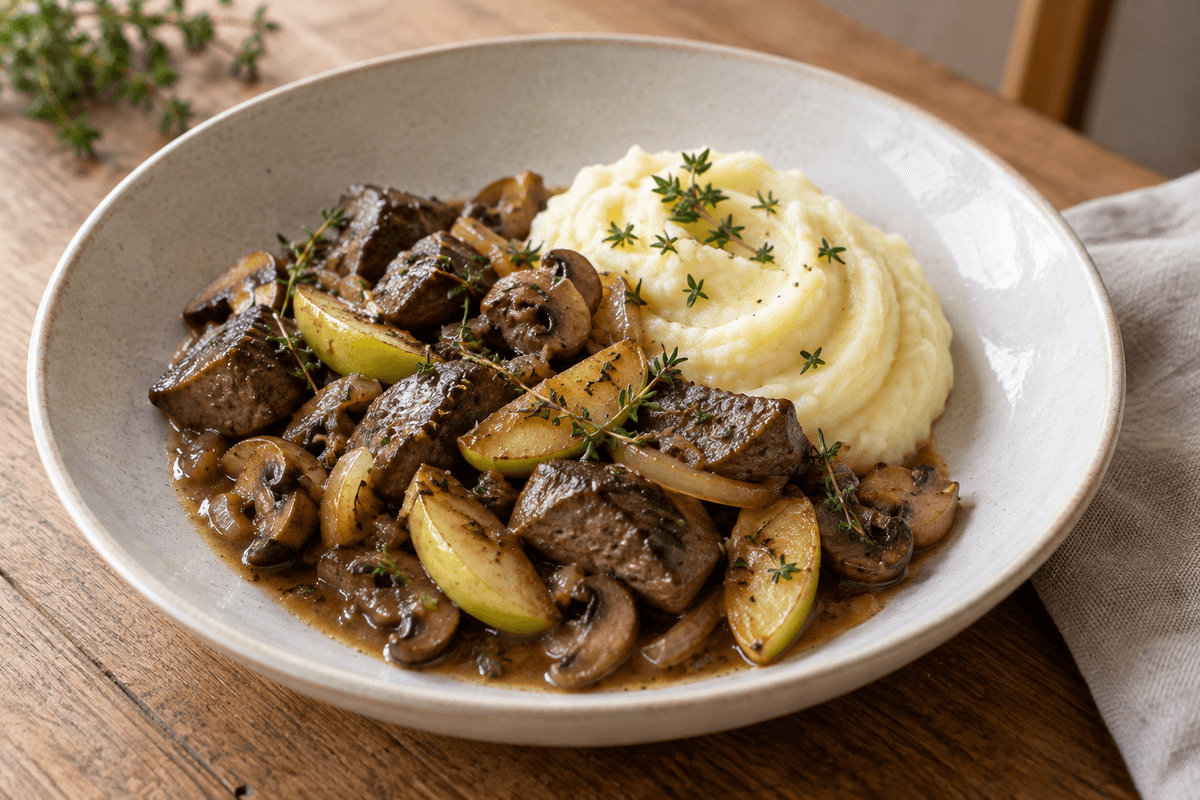 Kalveleverragout med champignon, æble, timian og kartoffelmos