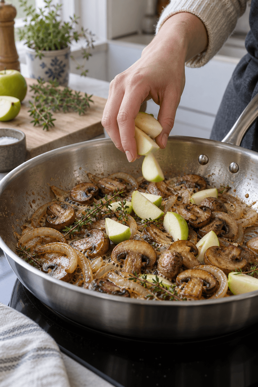 Brunede champignoner og løg får tilsat faste æblebåde og frisk timian