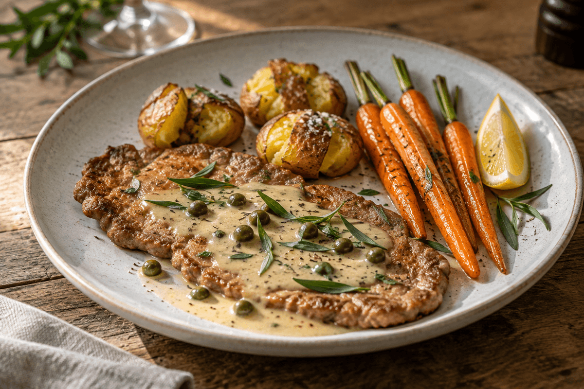 Kalveschnitzel med estragonfløde, knuste kartofler og glaserede gulerødder