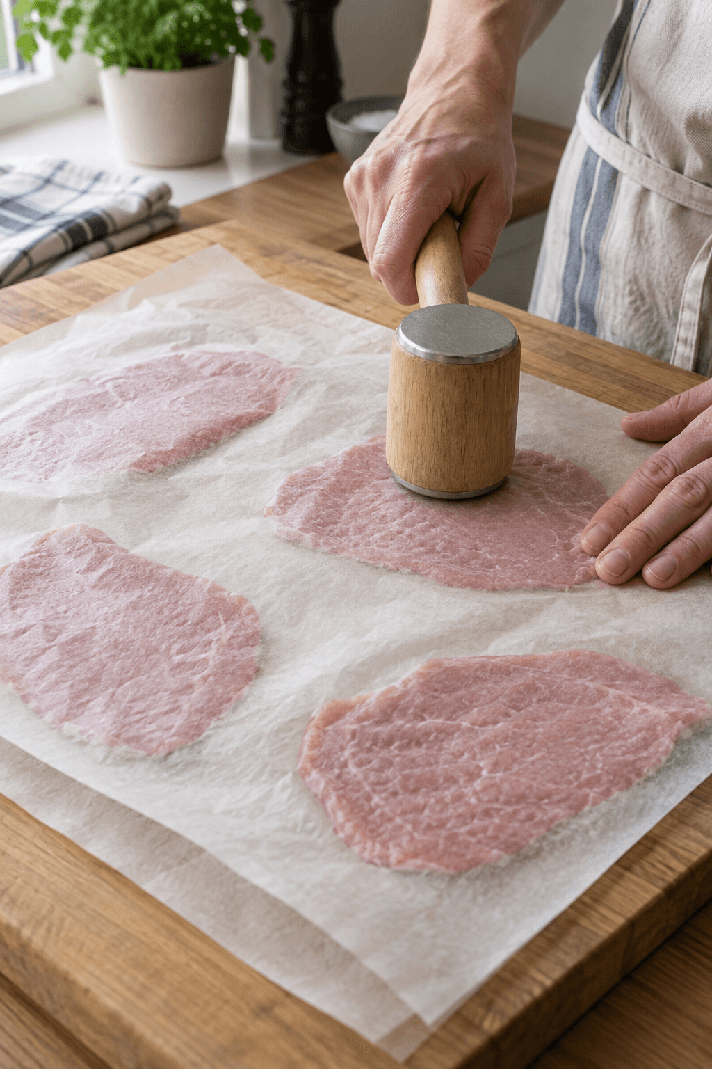 Fire rå kalveschnitzler bankes jævnt tynde mellem bagepapir