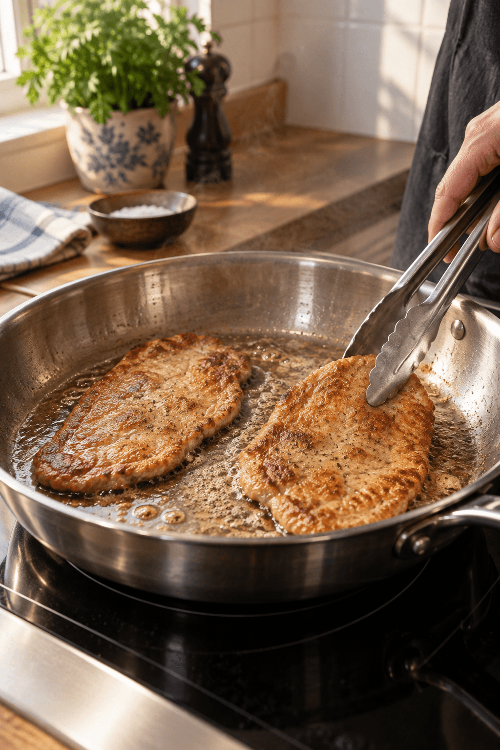To tynde kalveschnitzler brunes ad gangen i smør og olie