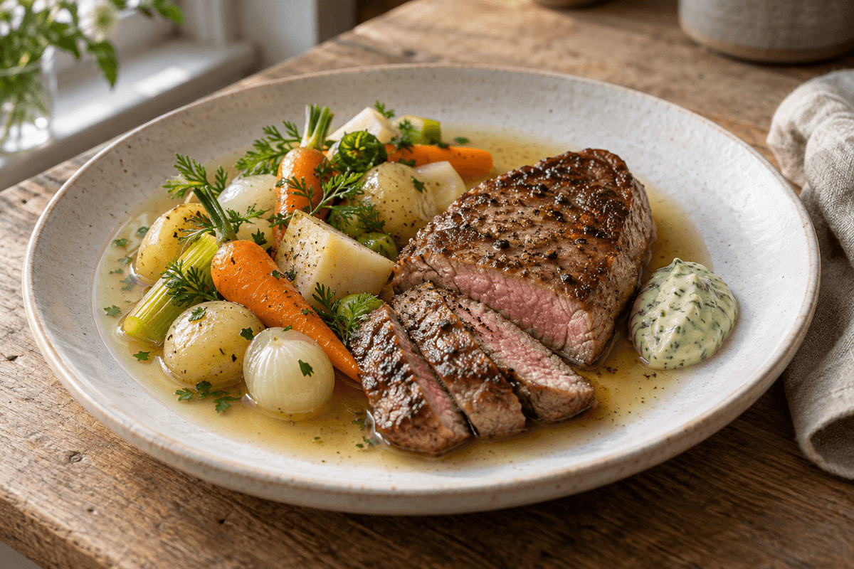 Kalvesteak med grøntsags-pot-au-feu, klar fond og estragonmayonnaise