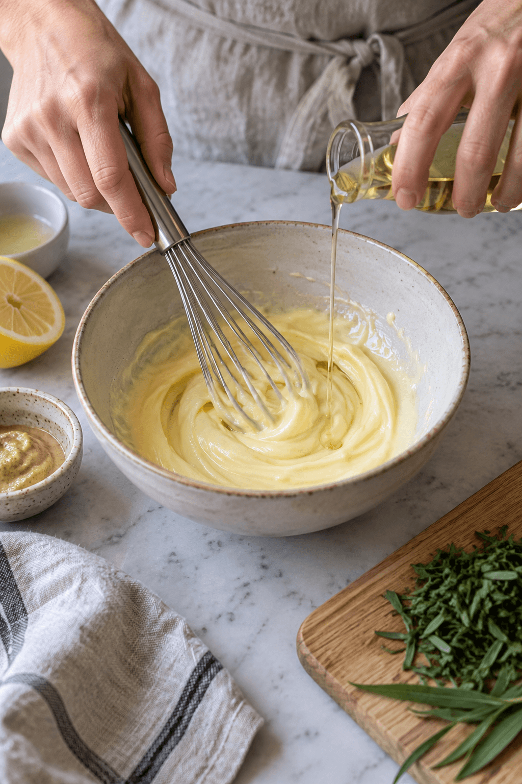 Estragonmayonnaise piskes med pasteuriseret æggeblomme, sennep og en tynd stråle olie