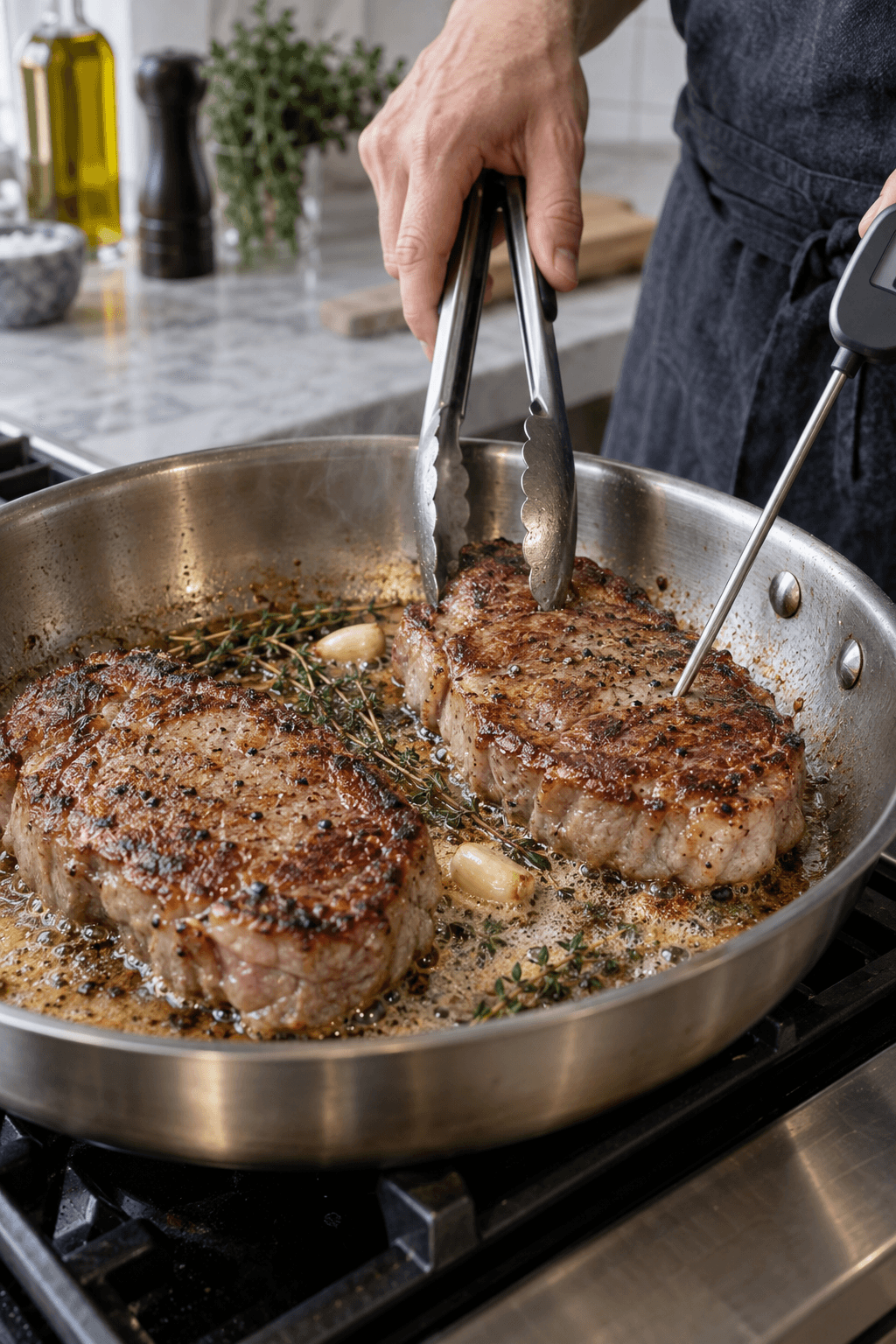 To kalvesteaks brunes i smør med timian og måles i centrum med termometer
