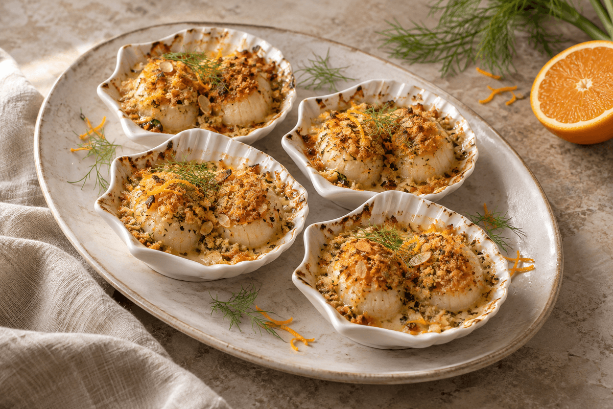 Fire kammuslingegratiner med appelsin, fennikel og gyldent mandel-parmesanknas
