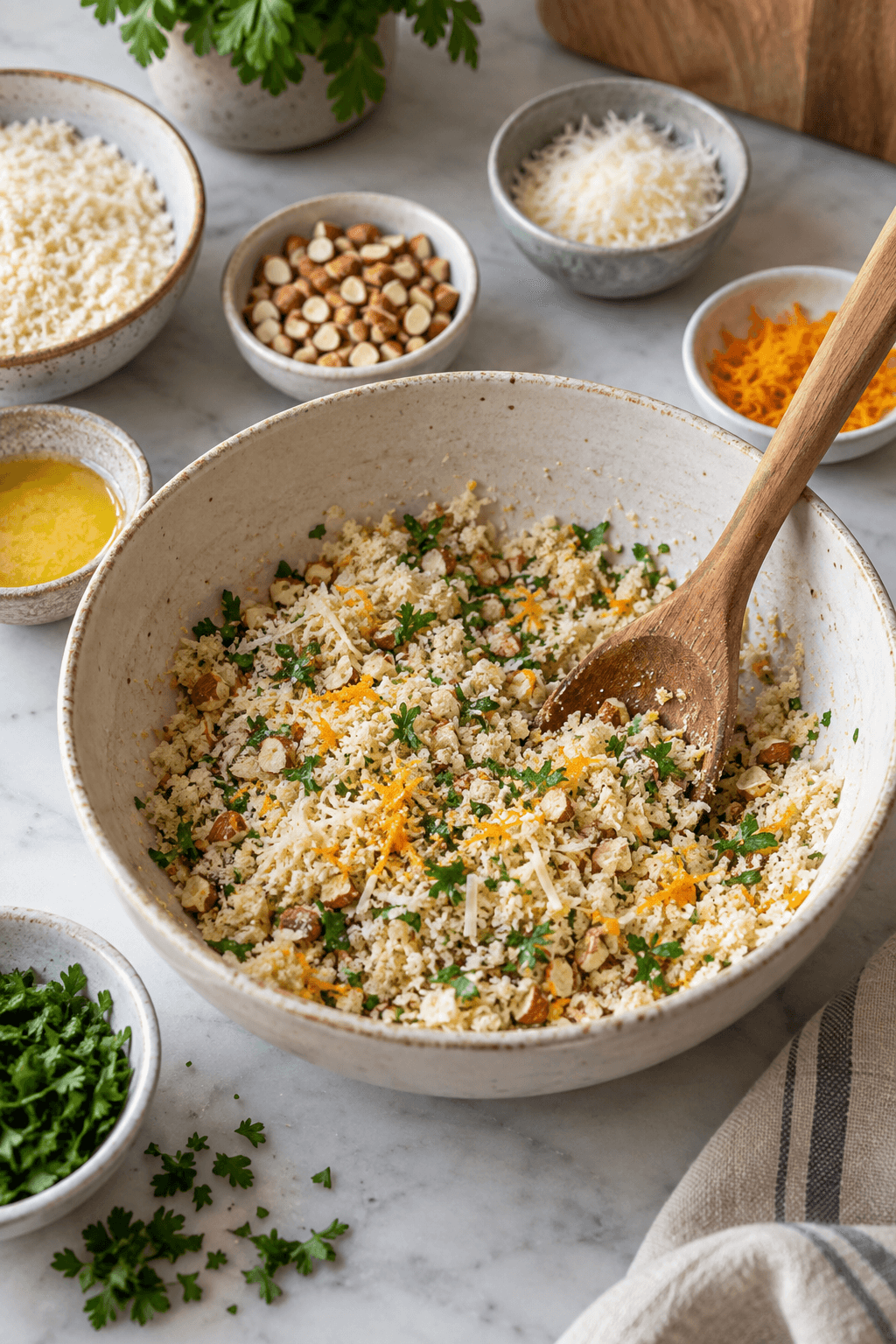 Panko, mandler, parmesan, persille og appelsinskal blandes til løst knas