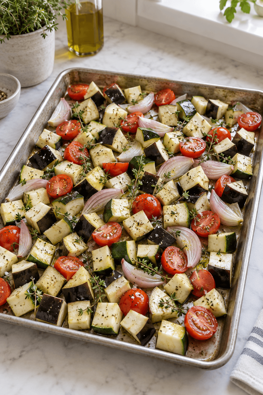 Aubergine, courgette, tomater og skalotteløg klar til ovnristning