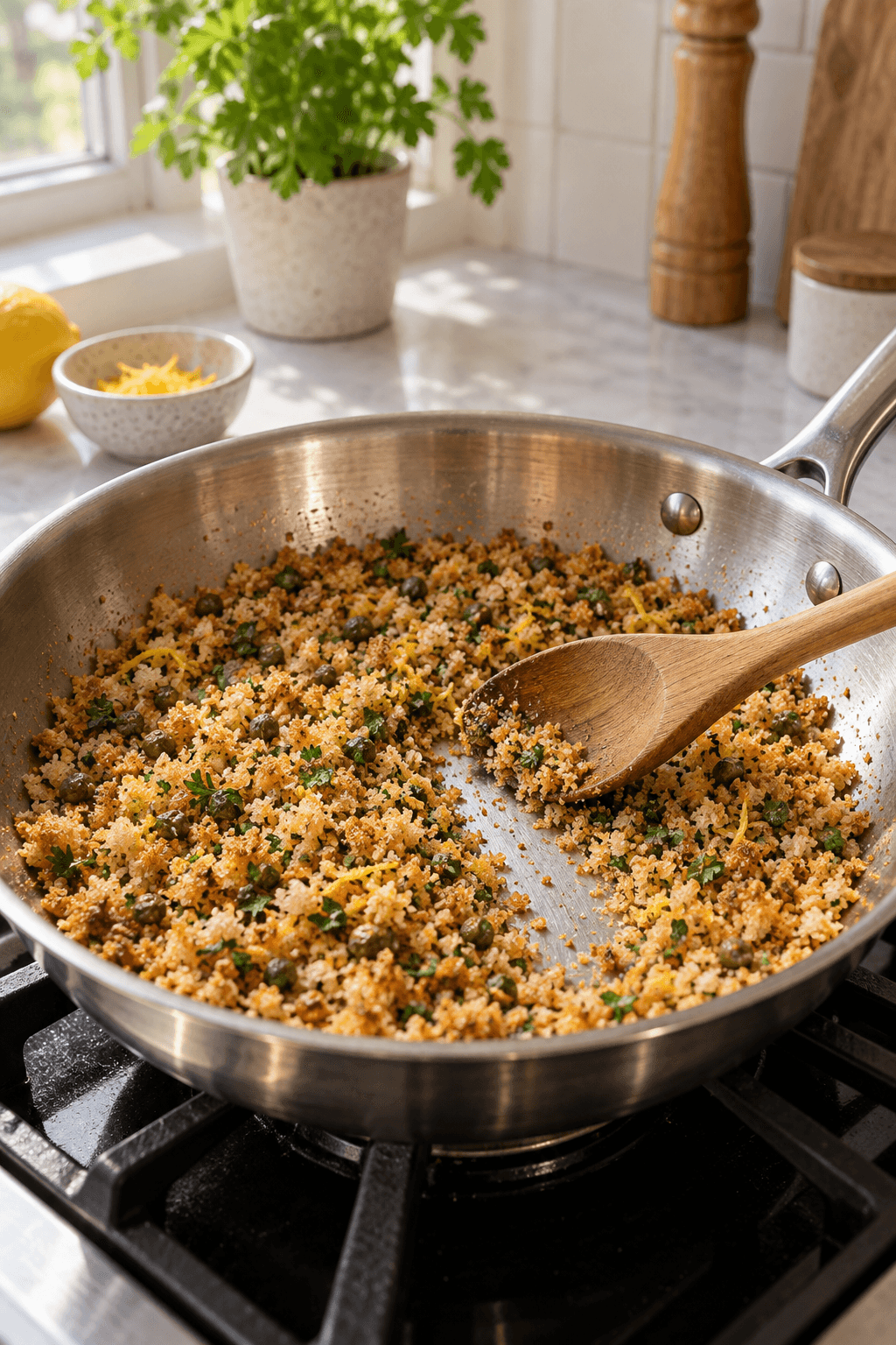 Gyldent citronkapersknas med persille i én pande