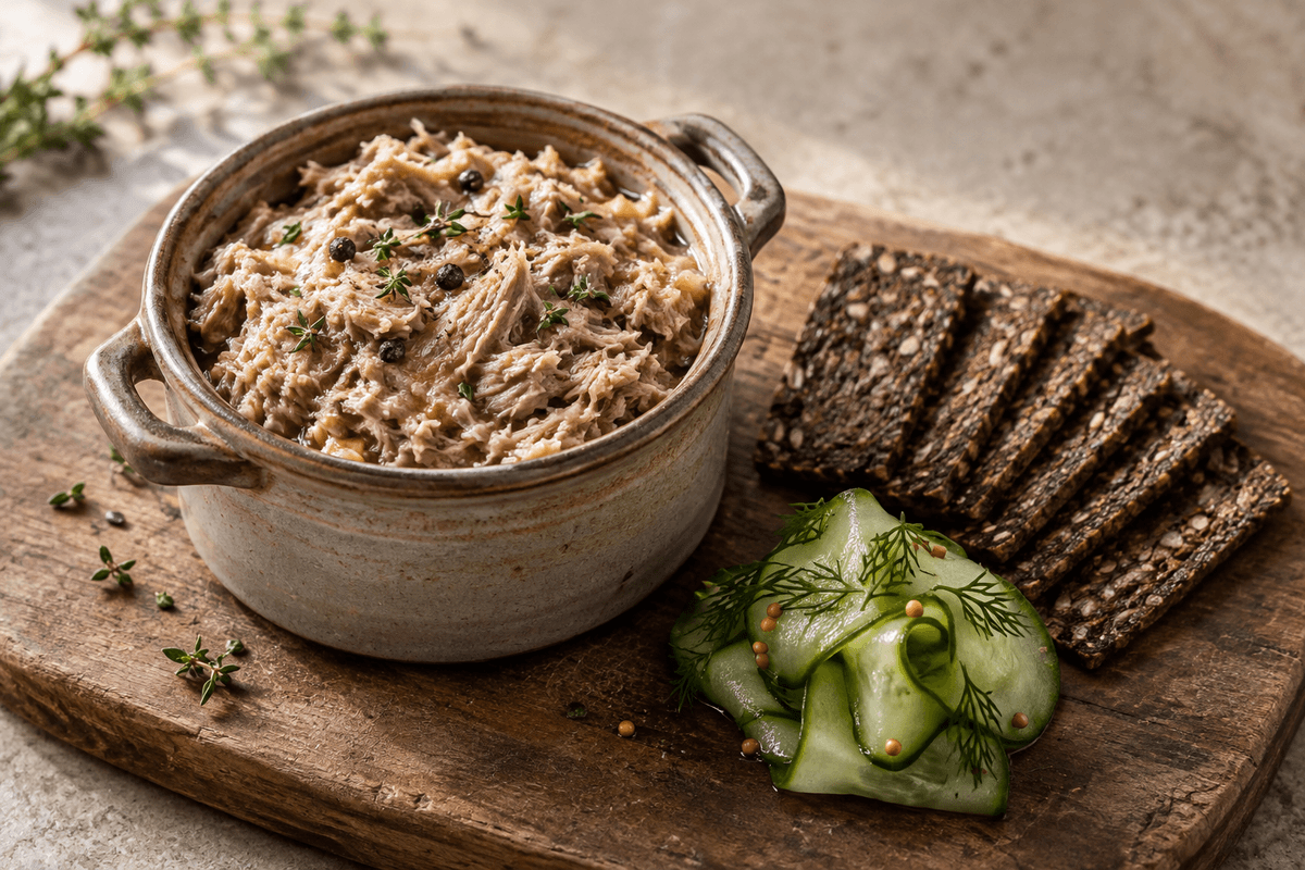 Kaninrillette med timian, enebær, syltet agurk og mørke rugchips