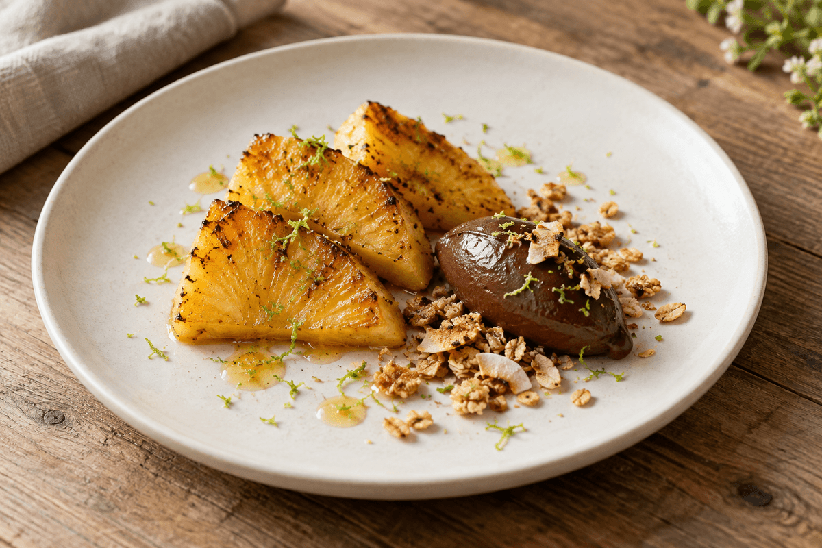 Karamelliseret ananas med mørk chokoladecreme, kokosknas og lime