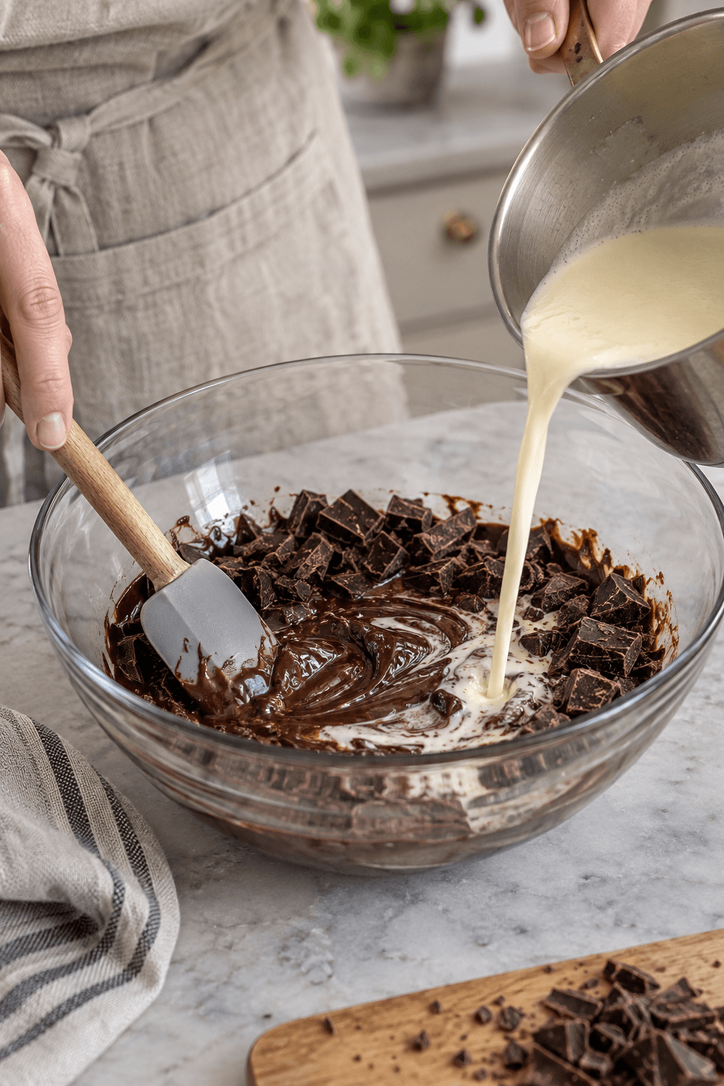 Varm fløde hældes over hakket mørk chokolade og røres til blank creme