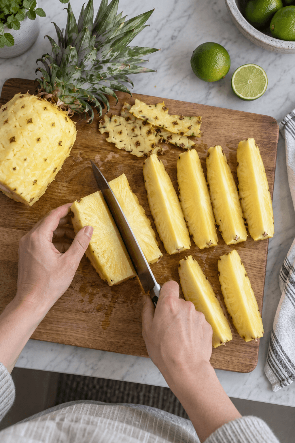 En frisk ananas skrælles og skæres i otte ens kiler