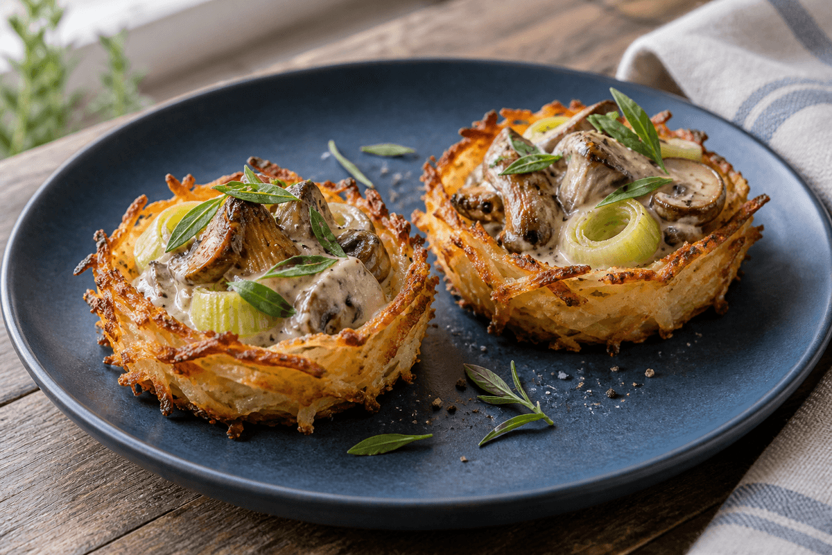 To sprøde kartoffelrösti-tarteletter med cremet svampefrikassé, porre og estragon