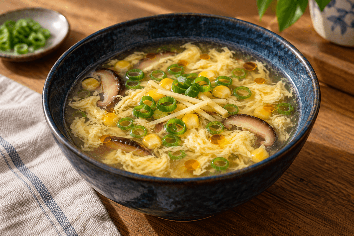 Kinesisk æggesuppe med æggebånd, shiitake, majs, ingefær og forårsløg i én mørkeblå skål