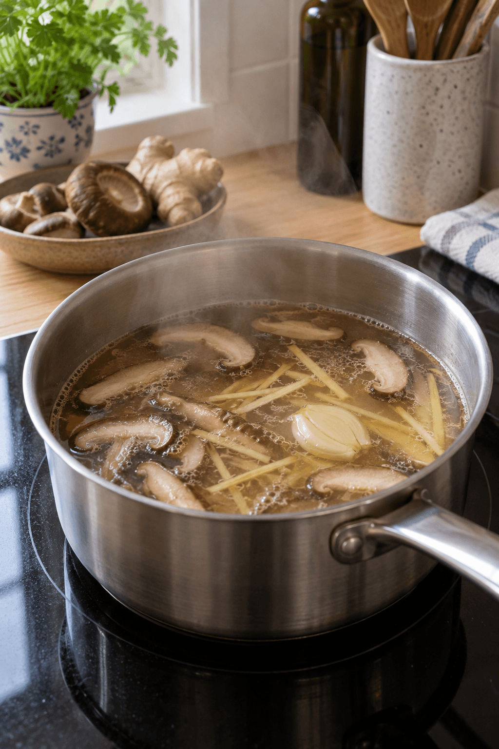 Shiitake, ingefær og ét knust hvidløgsfed simrer i klar bouillon i én gryde