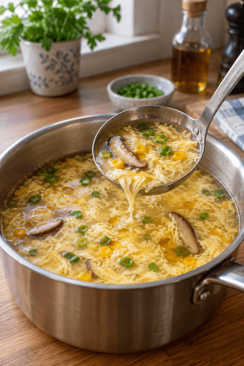 Færdig kinesisk æggesuppe med æggebånd, shiitake, majs og forårsløg løftes i én øse