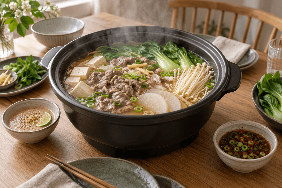 Kinesisk hotpot med ingefærbouillon, oksekød, tofu, pak choi, enoki, daikon og to dips
