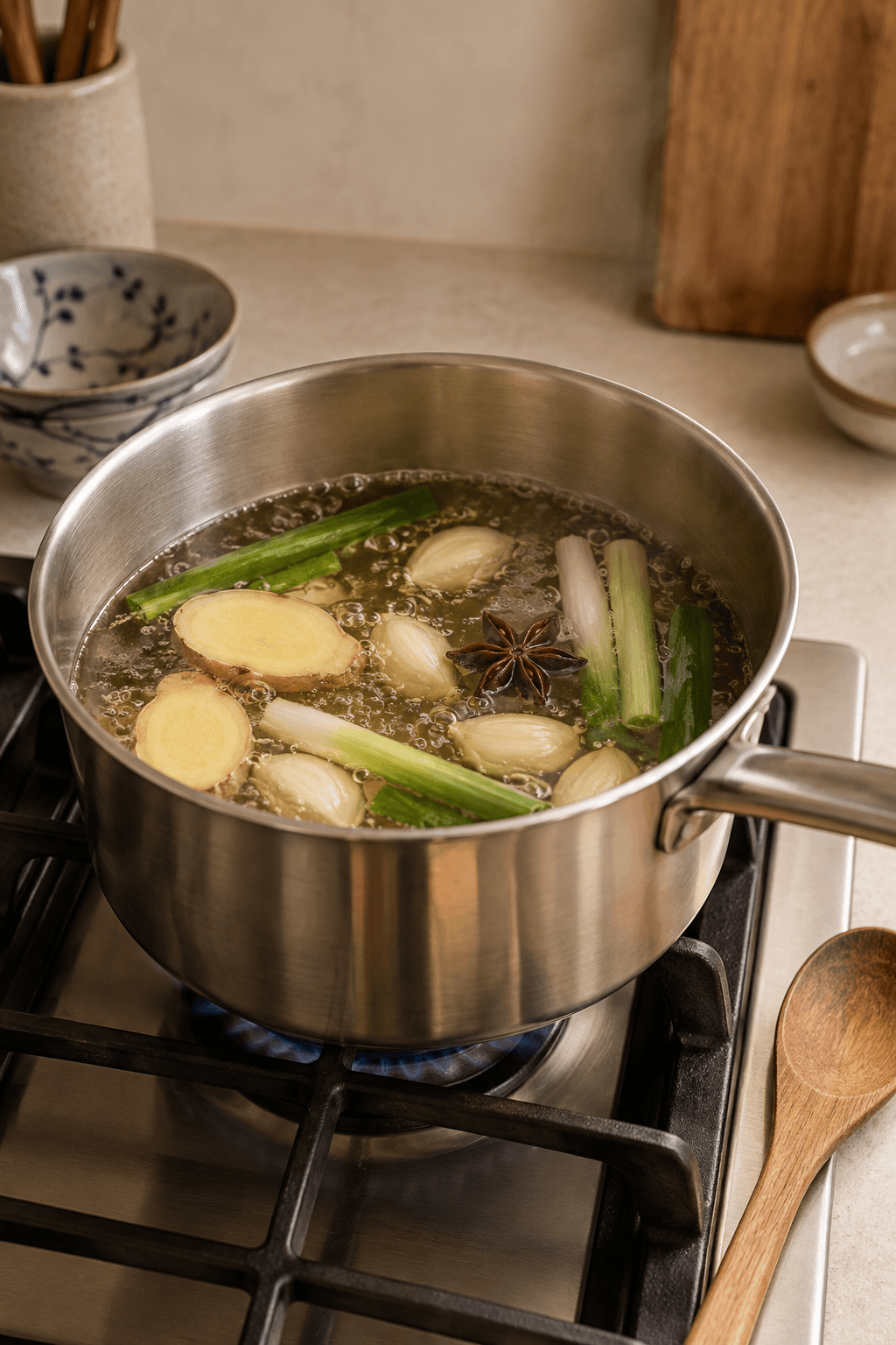 Klar bouillon simrer med ingefær, hvidløg, forårsløg og stjerneanis i én gryde