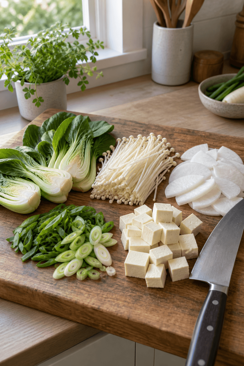 Pak choi, enoki, daikon, forårsløg og tofu ligger i adskilte grupper på ét bræt
