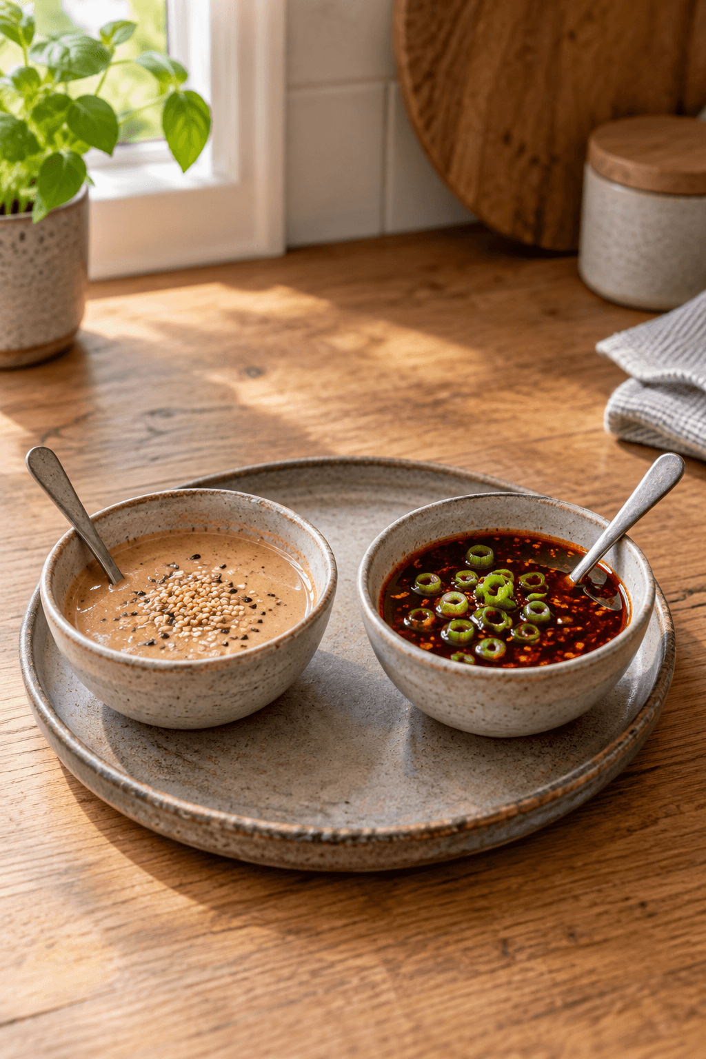 En cremet sesam-limedip og en rød chili-forårsløgsdip står i præcis to skåle