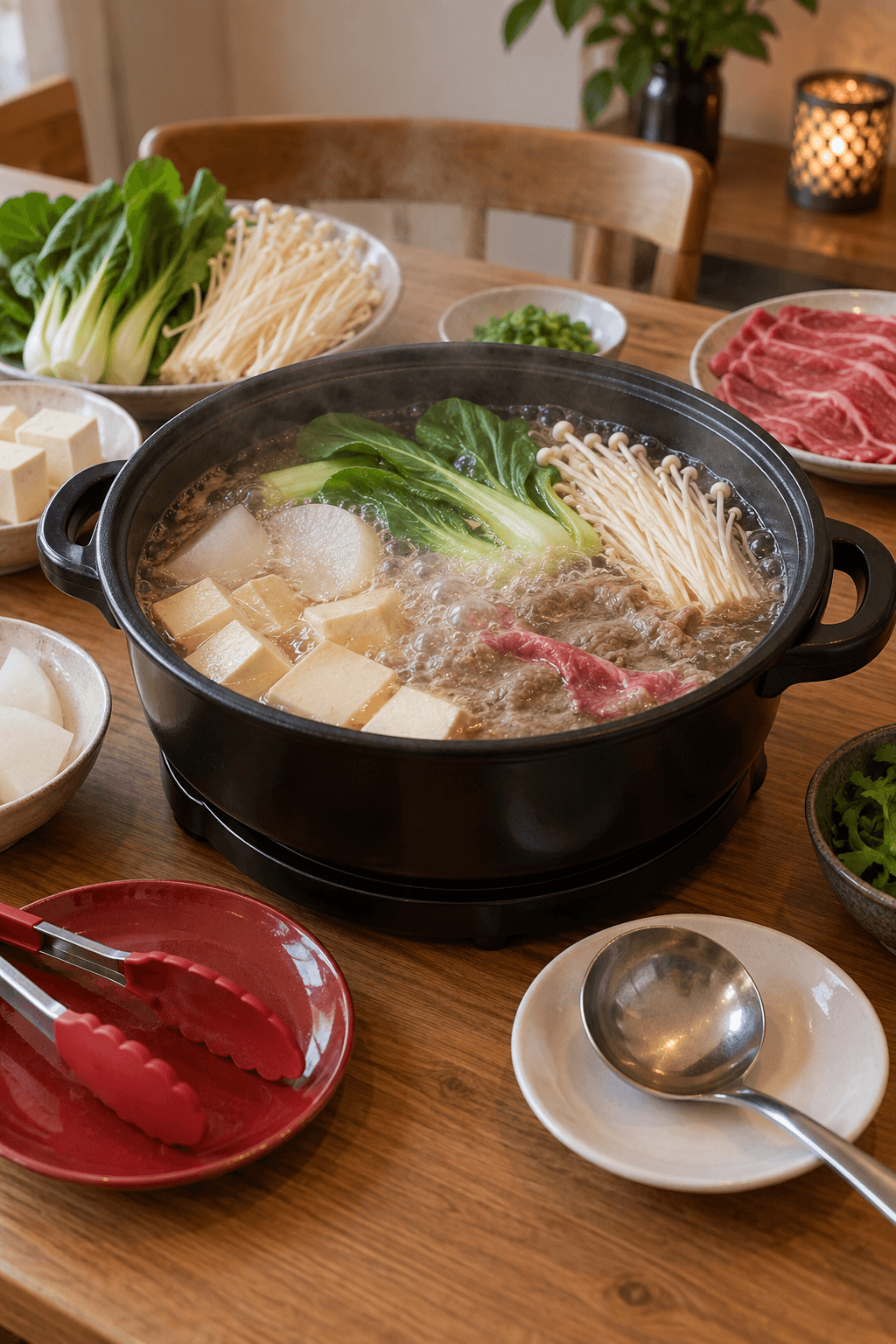 Oksekød, tofu, pak choi, enoki og daikon koger i én boblende hotpot med adskilte redskaber