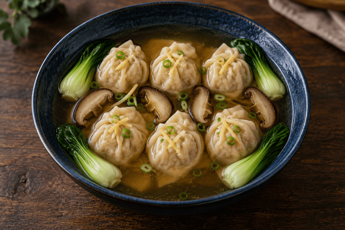 Kinesisk-inspireret kalkun-wontonsuppe med pak choi og shiitake