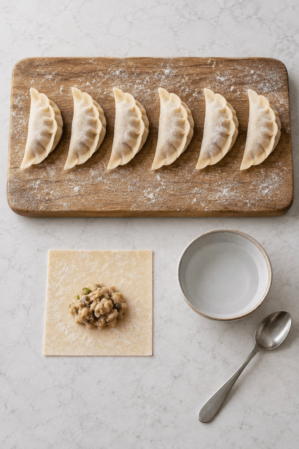 Seks færdigfoldede kalkunwontons og én åben wontonplade på ét bræt