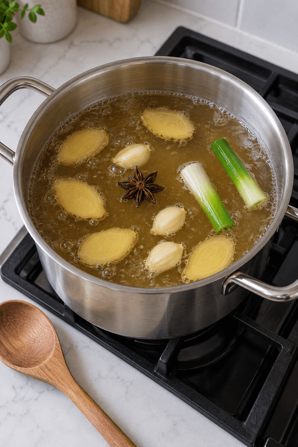 Klar bouillon simrer med seks ingefærskiver, tre hvidløgsfed, stjerneanis og forårsløg