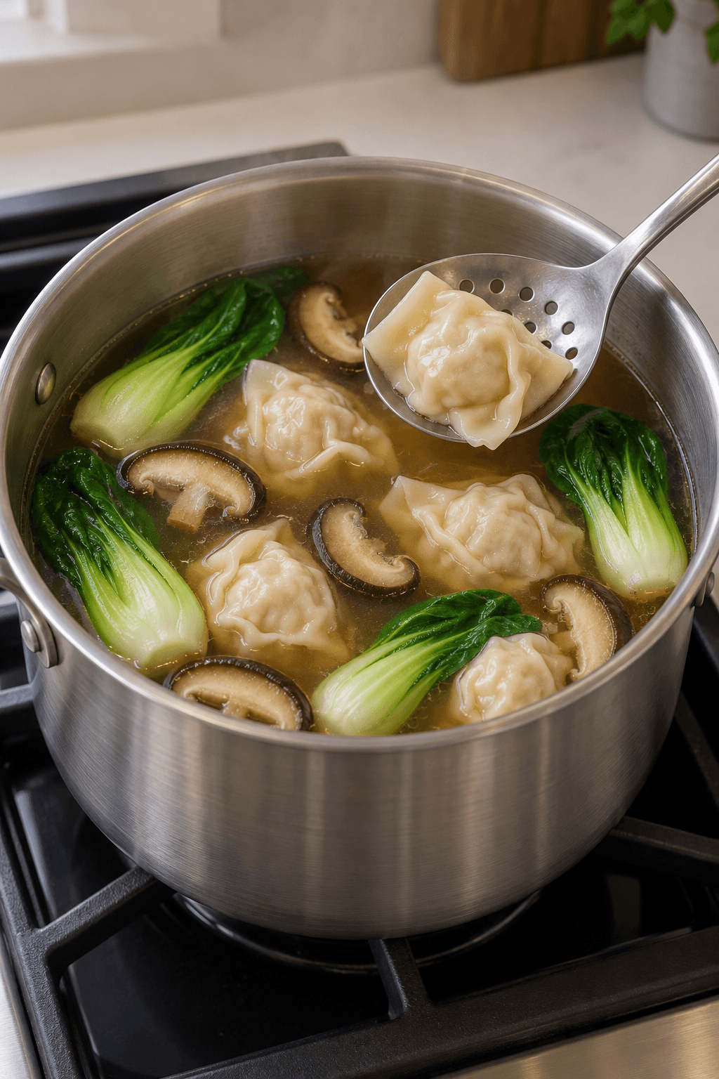 Seks kalkunwontons pochérer med fire pak choi-stykker og fem shiitakeskiver