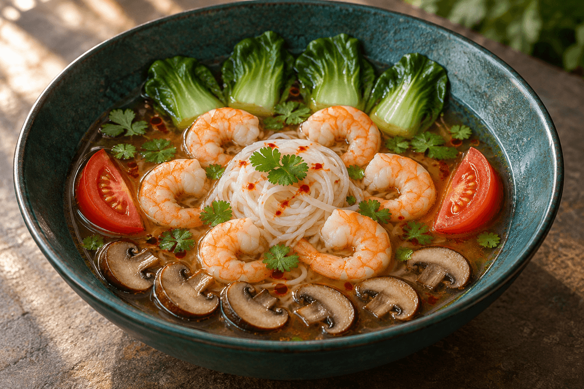 Klar krydret reje-citrongræssuppe med tamarind, risnudler, pak choi og shiitake