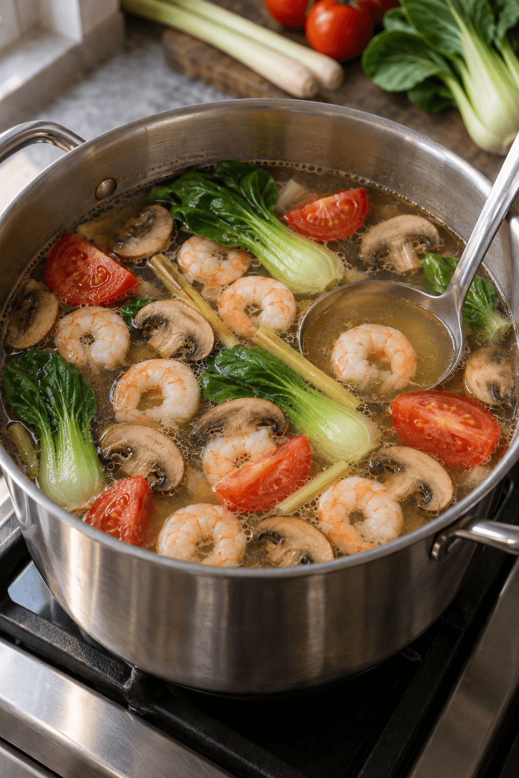 Rejer, shiitake, tomat og pak choi pochérer i klar citrongræs-bouillon i én gryde