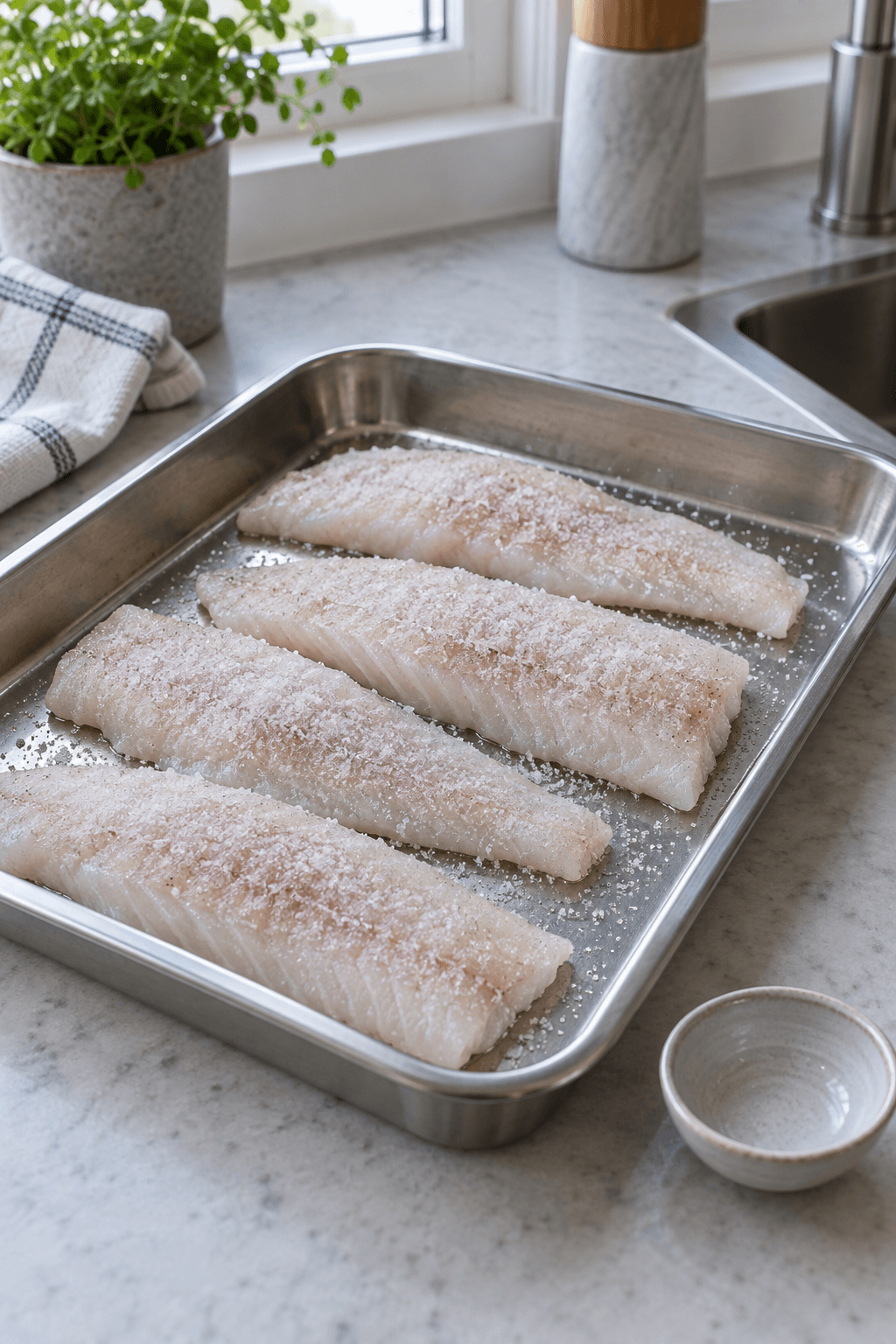 Fire kolde mørksejfileter drysset med en afmålt blanding af fint salt og sukker