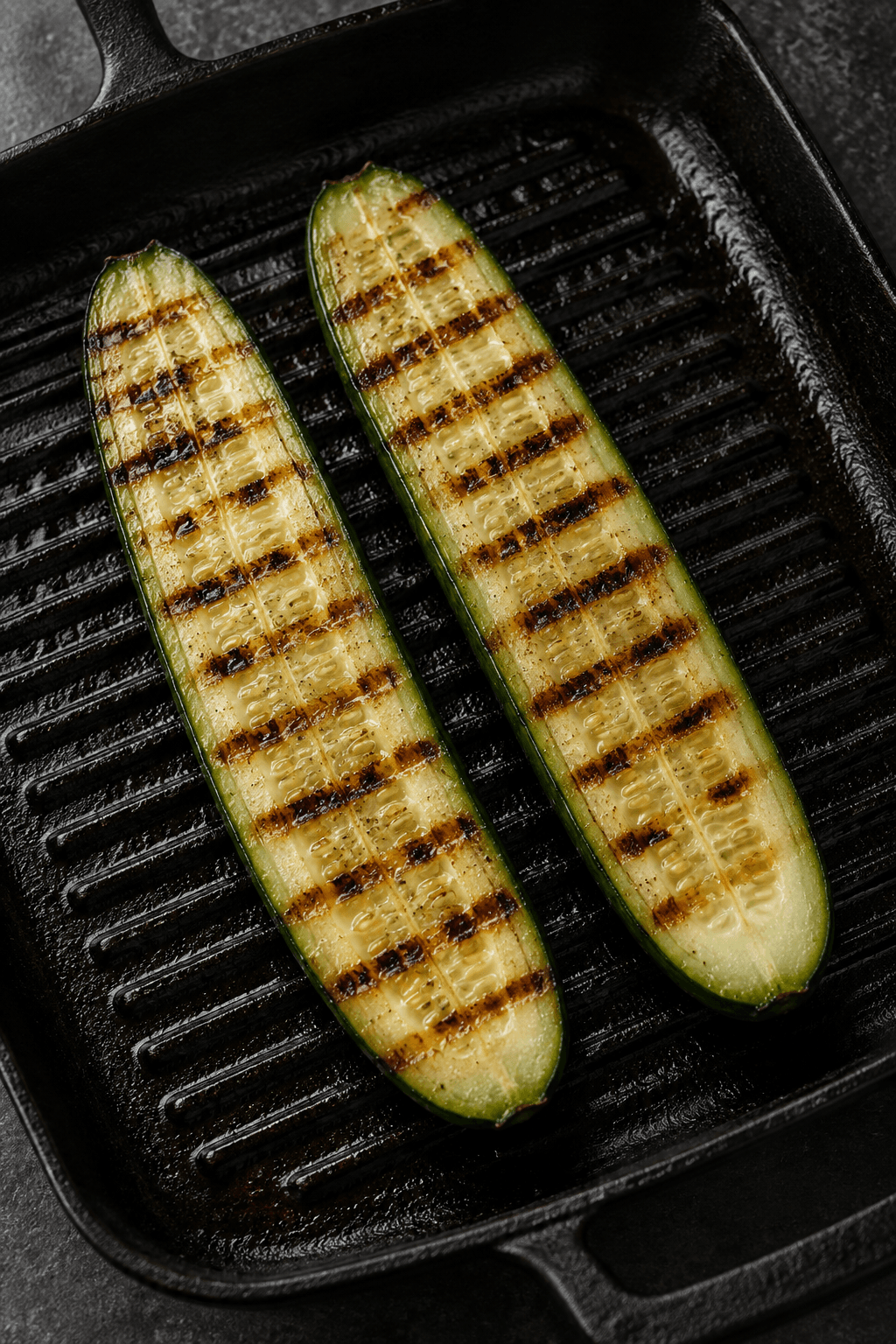 Præcis to agurkehalvdele med mørke striber på snitfladen i én grillpande