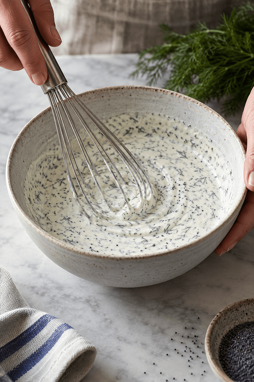 Lys kærnemælksdressing med dild og blå birkes piskes i én skål