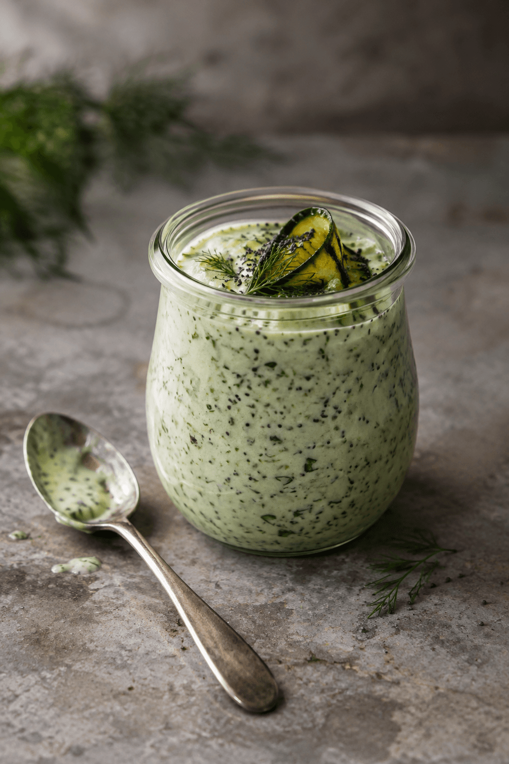 Én glaskrukke med lysegrøn kærnemælksdressing, grillet agurk, dild og birkes