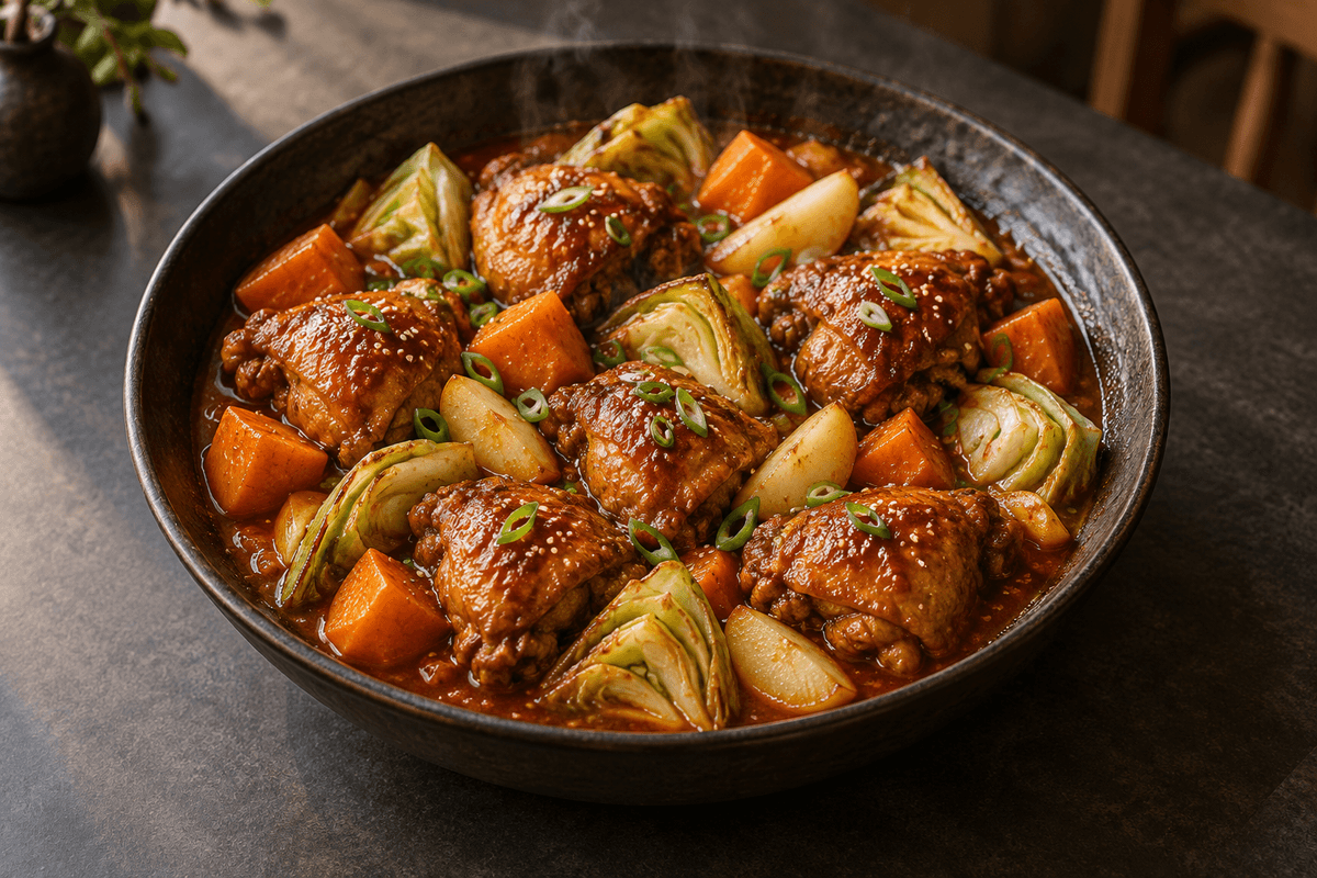 Koreansk-inspireret kyllingestuvning med gochujang, sød kartoffel, kål og pære i én skål