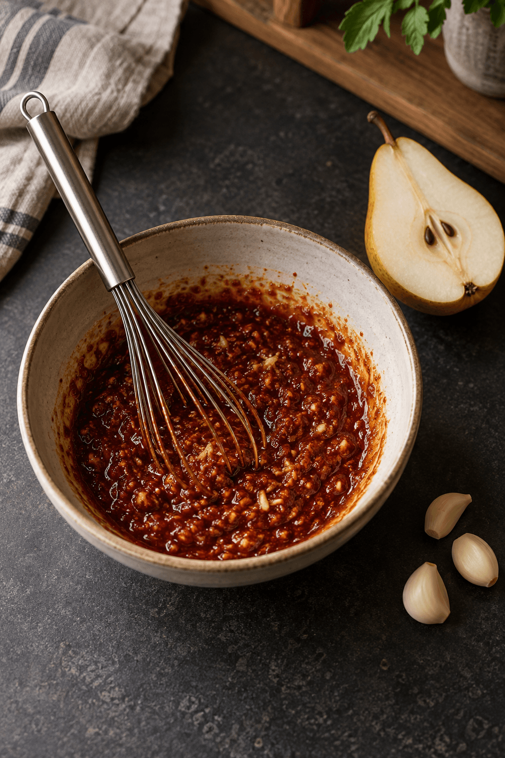 Gochujang-pæresauce i én skål med ét piskeris, en halv pære og tre hvidløgsfed