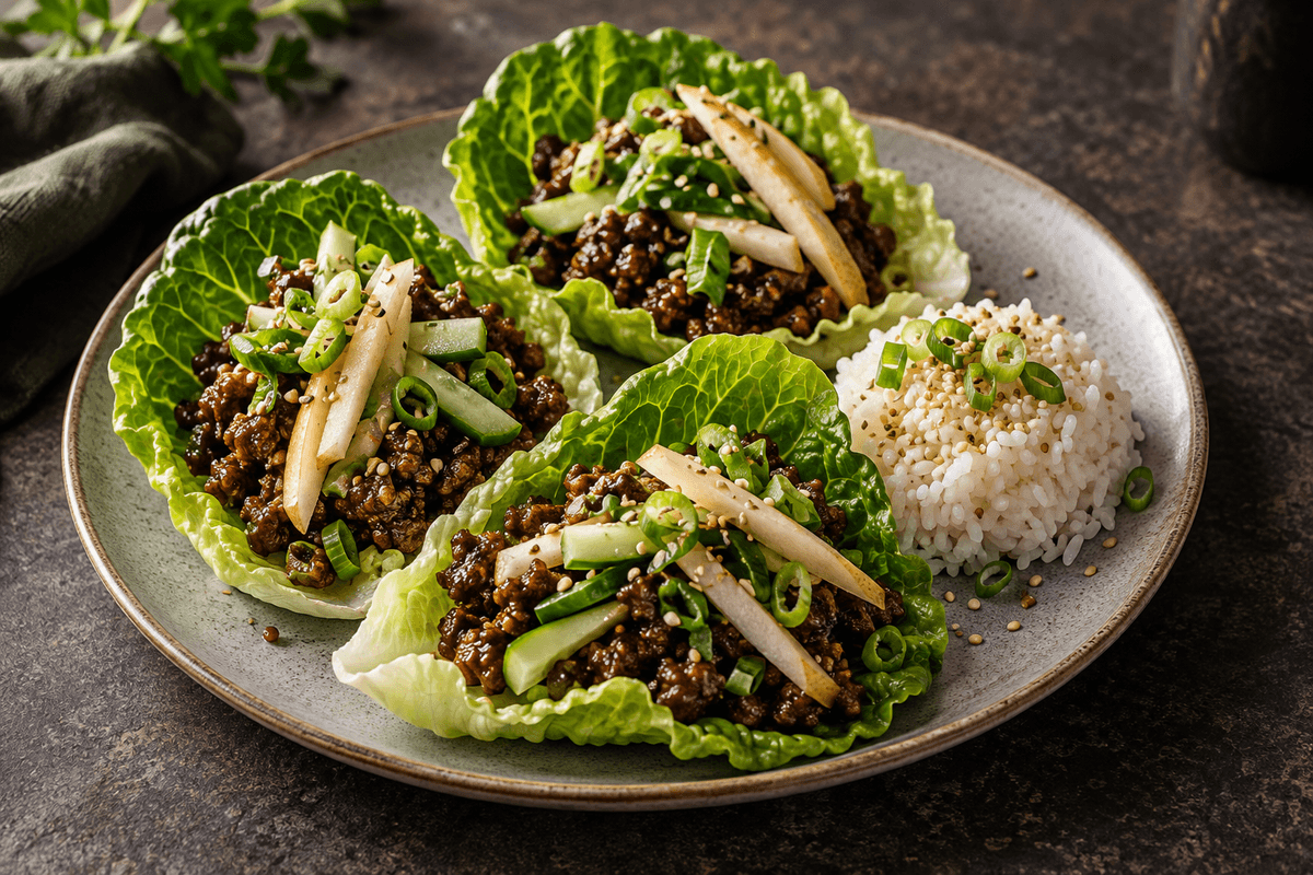 En portion koreanske salatwraps med sprødstegt oksekød, pære og sesamris