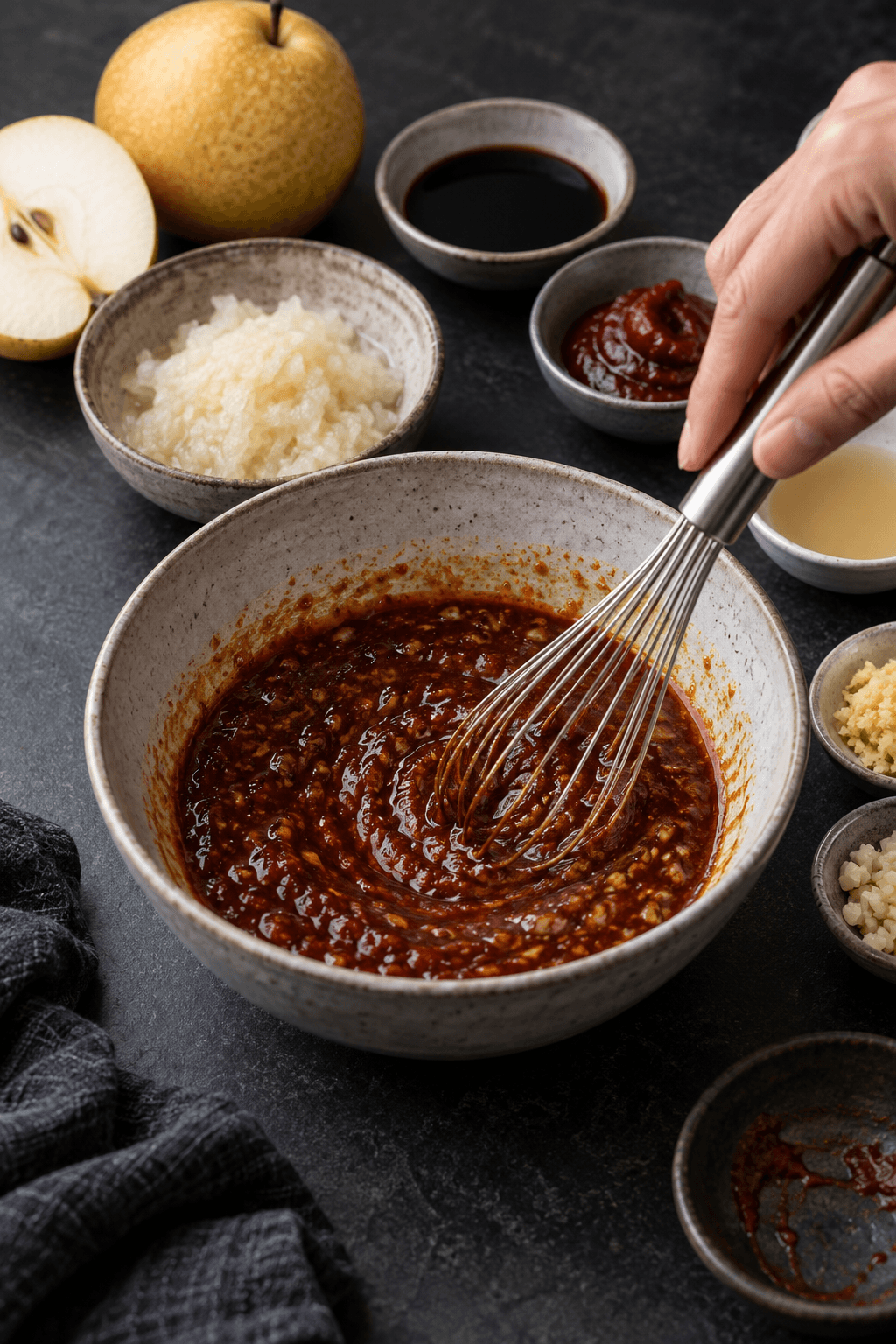 Revet pære, gochujang, soja og ingefær piskes til glasering