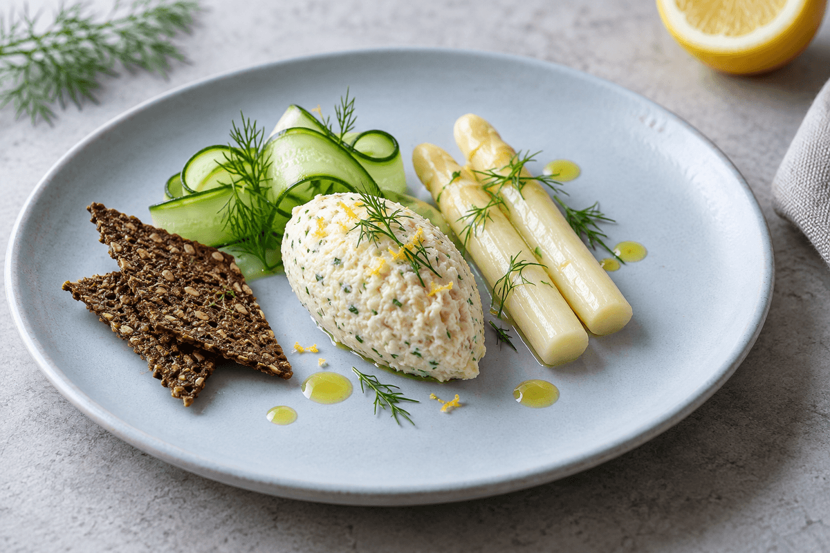 Krabbemousse med hvide asparges, dildagurk og rugknas
